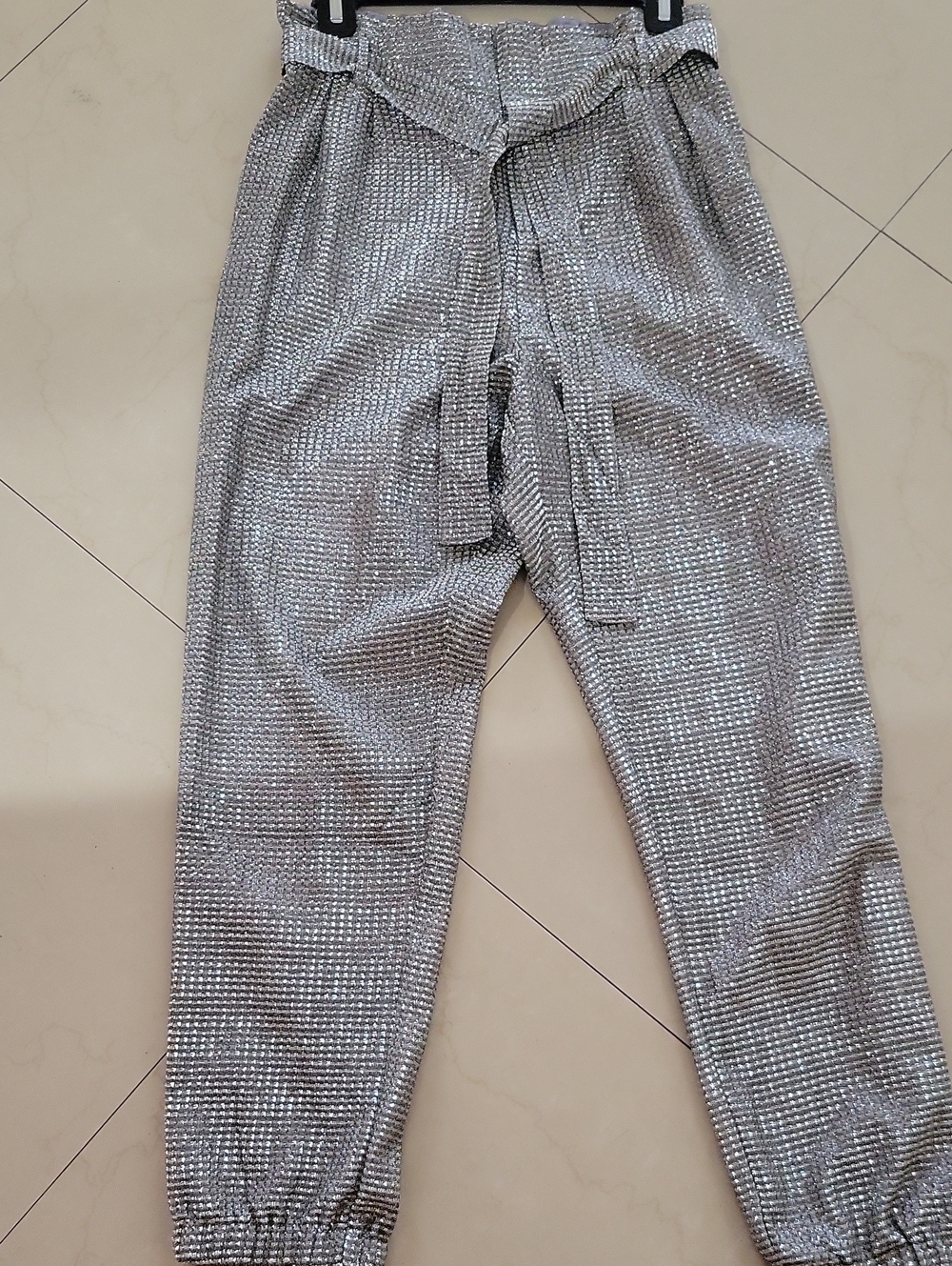 Silver Metallic Jogger Pants with Drawstring Waist